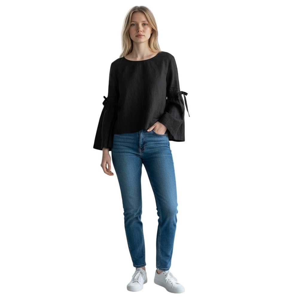 Free People Black Linen Blend Bell Sleeve Tie Blouse OB672226 Womens XS NWT
